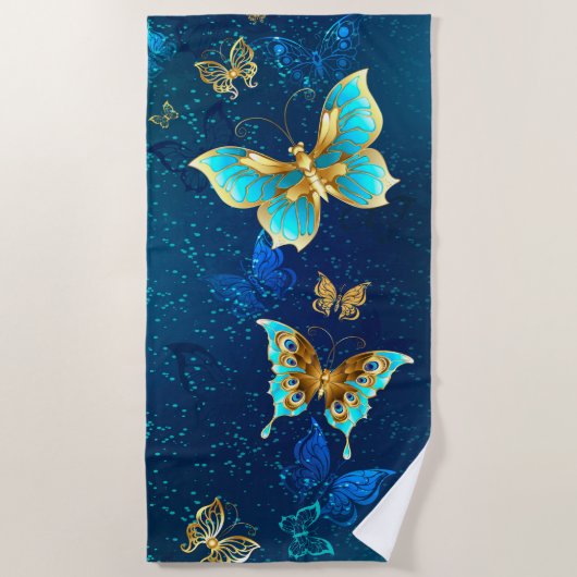 Golden Butterflies op een blauwe achtergrond Strandlaken (Voorkant)