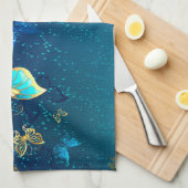 Golden Butterflies op een blauwe achtergrond Theedoek (Quarter Fold)