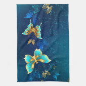 Golden Butterflies op een blauwe achtergrond Theedoek (Verticaal)