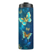 Golden Butterflies op een blauwe achtergrond Thermosbeker (Voorkant)