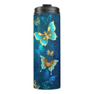 Golden Butterflies op een blauwe achtergrond Thermosbeker