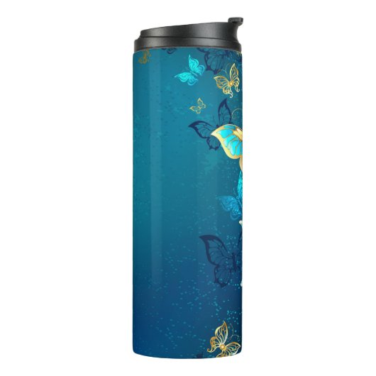 Golden Butterflies op een blauwe achtergrond Thermosbeker (Gedraaid links)