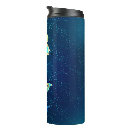 Golden Butterflies op een blauwe achtergrond Thermosbeker (Geroteerd rechts)