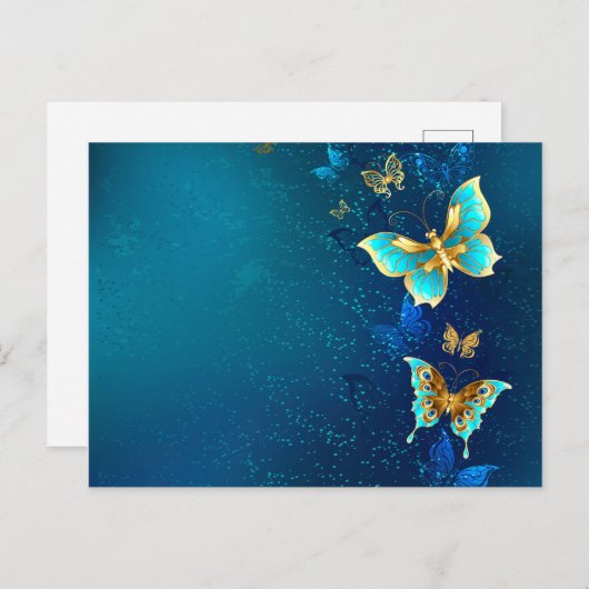 Golden Butterflies op een blauwe achtergrond Uitnodiging Briefkaart (Voorkant / Achterkant)