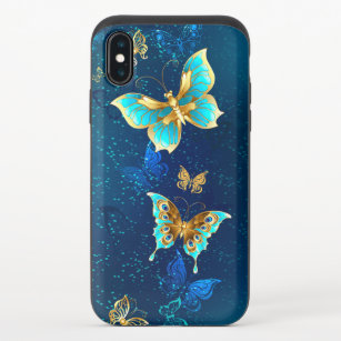 Golden Butterflies op een blauwe achtergrond iPhone X Schuifbaar Hoesje