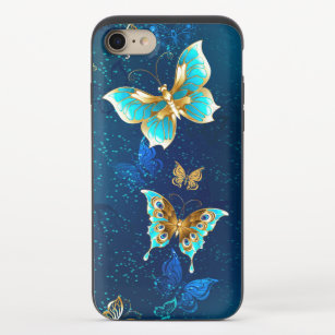 Golden Butterflies op een blauwe achtergrond iPhone 8/7 Schuifbaar Hoesje