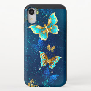 Golden Butterflies op een blauwe achtergrond iPhone XR Schuifbaar Hoesje