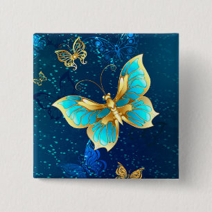 Golden Butterflies op een blauwe achtergrond Vierkante Button 5,1 Cm