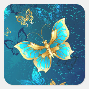 Golden Butterflies op een blauwe achtergrond Vierkante Sticker