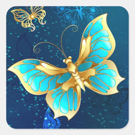 Golden Butterflies op een blauwe achtergrond Vierkante Sticker (Voorkant)