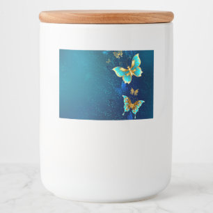 Golden Butterflies op een blauwe achtergrond Voedselcontainer Etiket