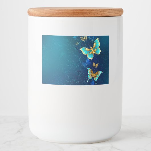Golden Butterflies op een blauwe achtergrond Voedselcontainer Etiket (Voorkant)
