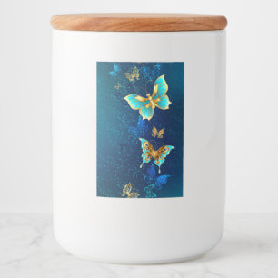 Golden Butterflies op een blauwe achtergrond Voedselcontainer Etiket