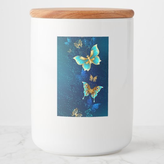Golden Butterflies op een blauwe achtergrond Voedselcontainer Etiket (Voorkant)