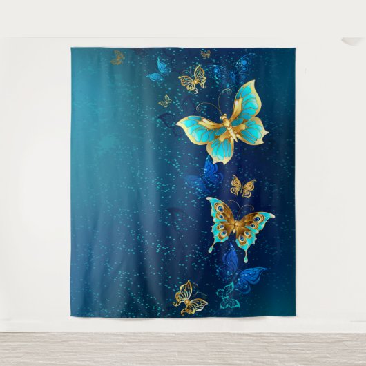 Golden Butterflies op een blauwe achtergrond Wandkleed (Voorkant)