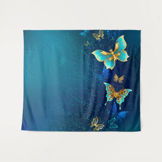 Golden Butterflies op een blauwe achtergrond Wandkleed (Voorkant (horizontaal))