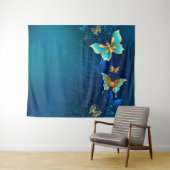 Golden Butterflies op een blauwe achtergrond Wandkleed (In Situ (horizontaal))