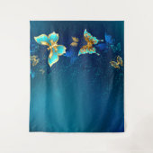 Golden Butterflies op een blauwe achtergrond Wandkleed (Voorkant)
