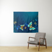 Golden Butterflies op een blauwe achtergrond Wandkleed (In Situ (horizontaal))