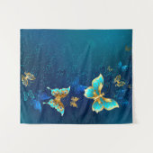 Golden Butterflies op een blauwe achtergrond Wandkleed (Voorkant (horizontaal))