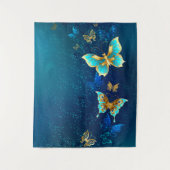 Golden Butterflies op een blauwe achtergrond Wandkleed (Voorkant)