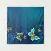 Golden Butterflies op een blauwe achtergrond Wandkleed (Voorkant (horizontaal))
