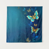 Golden Butterflies op een blauwe achtergrond Wandkleed (Voorkant)