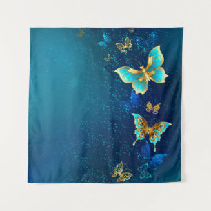 Golden Butterflies op een blauwe achtergrond Wandkleed