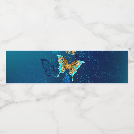 Golden Butterflies op een blauwe achtergrond Waterfles Etiket (Enkel label)