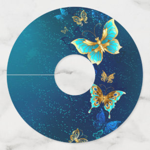 Golden Butterflies op een blauwe achtergrond Wijnglaslabel