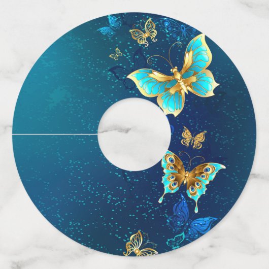 Golden Butterflies op een blauwe achtergrond Wijnglaslabel (Voorkant)