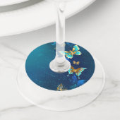 Golden Butterflies op een blauwe achtergrond Wijnglaslabel (Dichtbij)