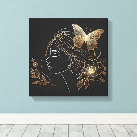 Golden Butterfly Crown on Feminine Profile Canvas Afdruk (Insitu (Houten vloer))
