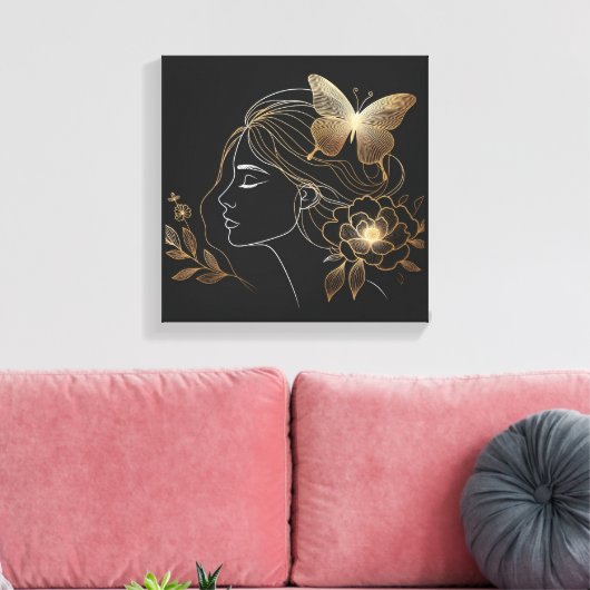 Golden Butterfly Crown on Feminine Profile Canvas Afdruk (Insitu (Woonkamer))