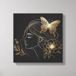 Golden Butterfly Crown on Feminine Profile Canvas Afdruk