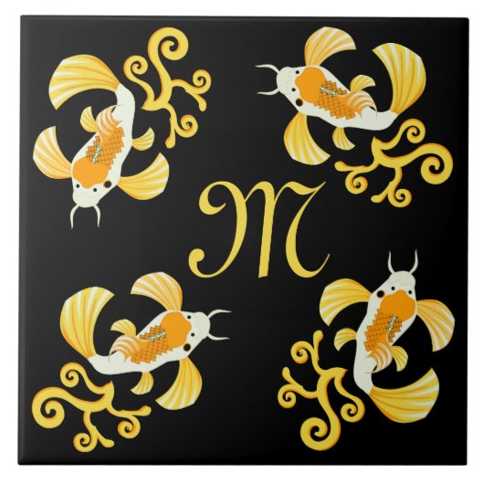 Golden Butterfly Koi Monogram Tegeltje (Voorkant)