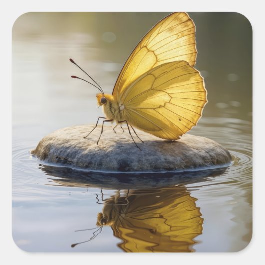 Golden Butterfly On a Rock in Water Vierkante Sticker (Voorkant)
