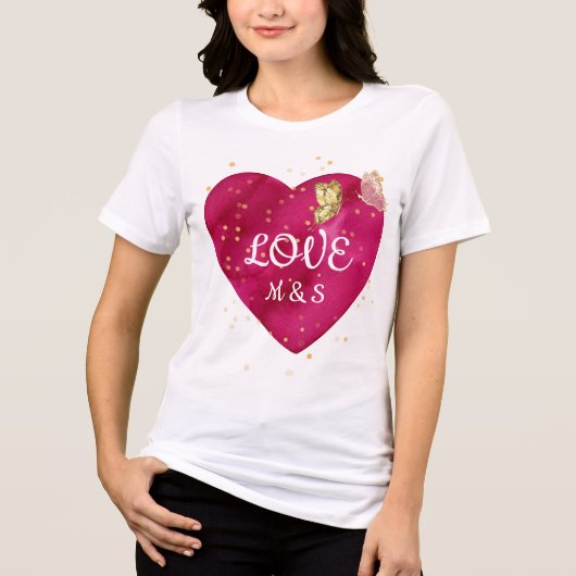 Golden Butterfly Pink Heart Valentine T-Shirt (Voorkant)