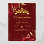 Golden Butterfly Red Floral Roos Quinceanera Folie Uitnodiging (Voorkant)