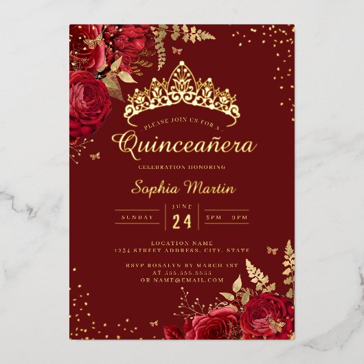 Golden Butterfly Red Floral Roos Quinceanera Folie Uitnodiging (Voorkant)