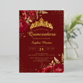 Golden Butterfly Red Floral Roos Quinceanera Folie Uitnodiging (Staand Voorkant)