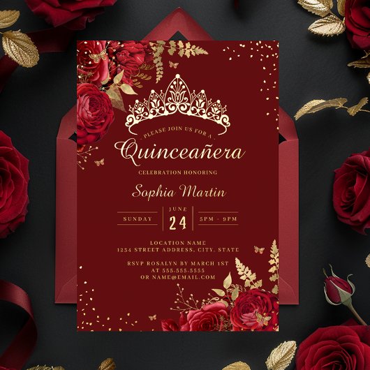 Golden Butterfly Red Floral Roos Quinceanera Folie Uitnodiging