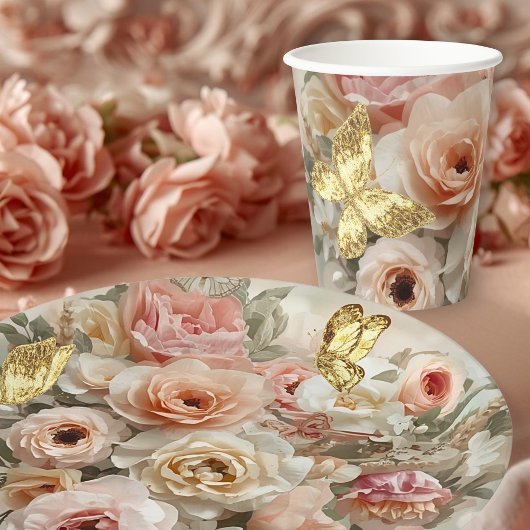 Golden Butterfly Rococo Rose Galentine Garden Papieren Bekers
