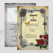 Golden Butterfly Rozen Steampunk Vintage Wedding Kaart (Voorkant / Achterkant)