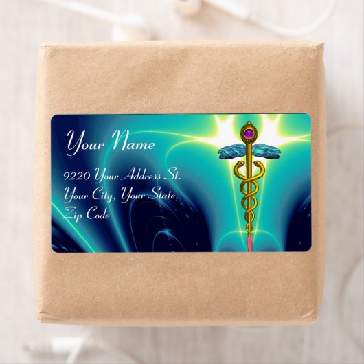 GOLDEN CADUCEUS, levendig amethyst, aqua blauw, bl Etiket (Insitu)