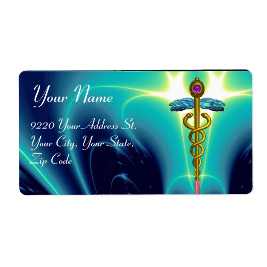 GOLDEN CADUCEUS, levendig amethyst, aqua blauw, bl Etiket (Voorkant)