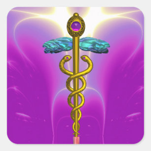 GOLDEN CADUCEUS, Medical Symbool Roze Fuchsia Vierkante Sticker