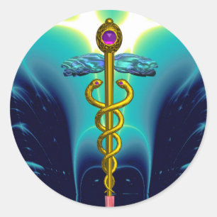 GOLDEN CADUCEUS Medical Symbool Vibrant Blauwgroen Ronde Sticker