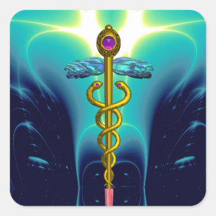 GOLDEN CADUCEUS Medical Symbool Vibrant Blauwgroen Vierkante Sticker