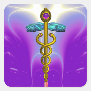 GOLDEN CADUCEUS Medical Symbool Vibrant Paars Blau Vierkante Sticker